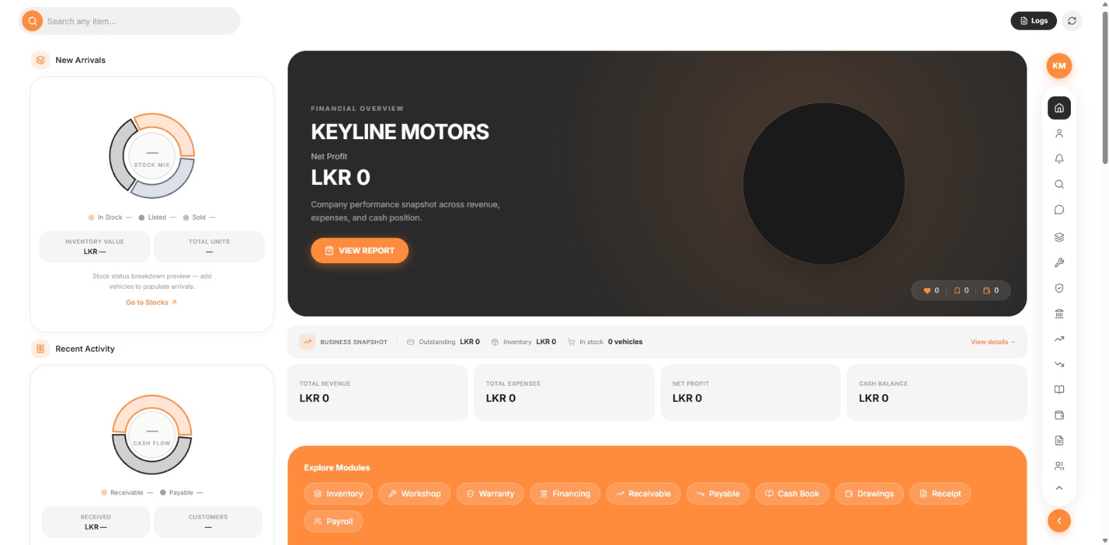 Keyline Motors dashboard