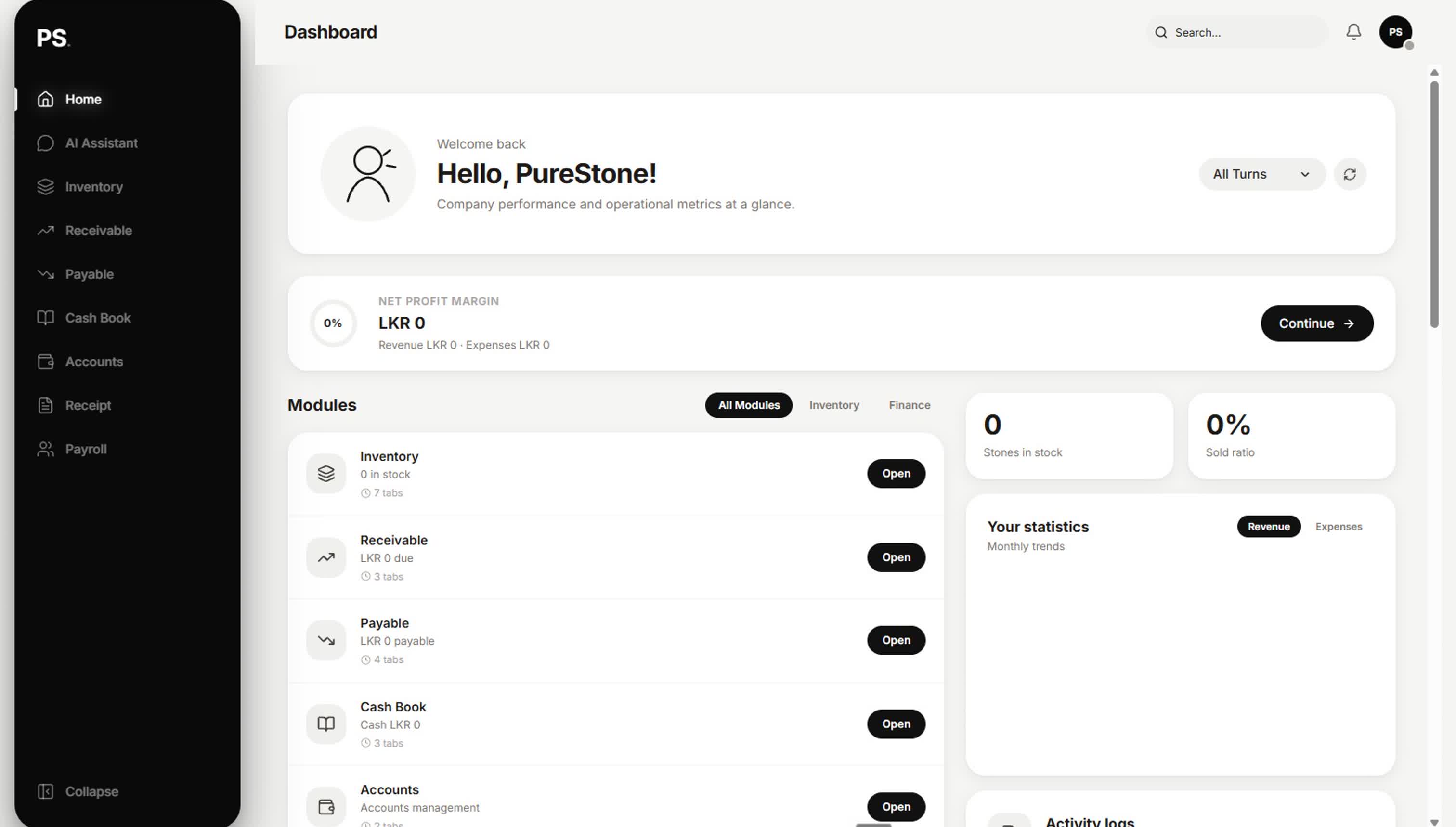 PureStone Manager dashboard